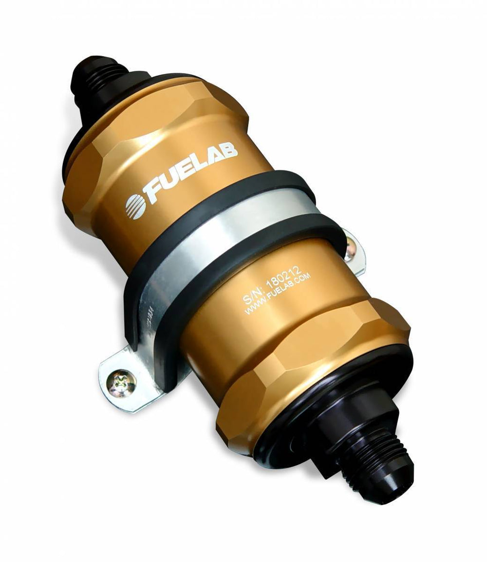 In-Line Fuel Filter Standard Length -6AN Inlet/Outlet 10 Micron Replaceable Fabric Element Gold FUELAB