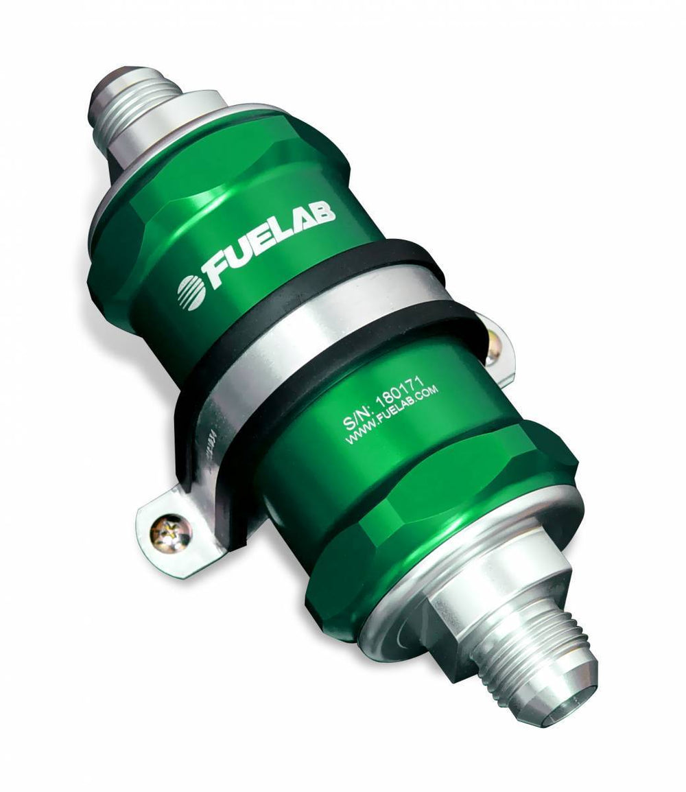 In-Line Fuel Filter Standard Length -10AN Inlet/Outlet 10 Micron Replaceable Fabric Element Green FUELAB