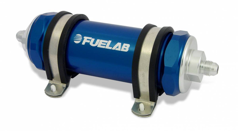 In-Line Fuel Filter Long Length -6AN Inlet/Outlet 10 Micron Replaceable Fabric Element Blue FUELAB