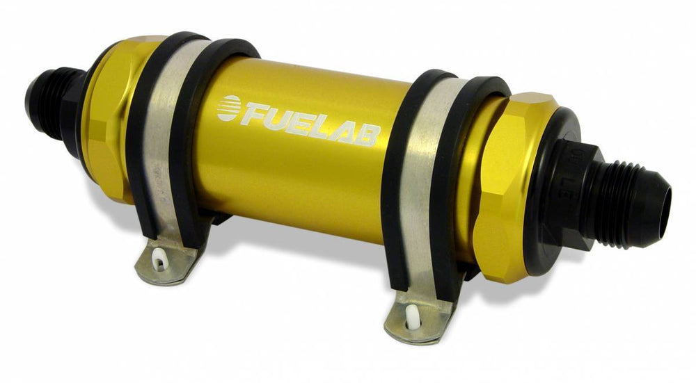 In-Line Fuel Filter Long Length -6AN Inlet/Outlet 10 Micron Replaceable Fabric Element Gold FUELAB
