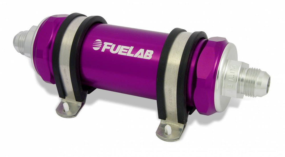 In-Line Fuel Filter Long Length -8AN Inlet/Outlet 10 Micron Replaceable Fabric Element Purple FUELAB