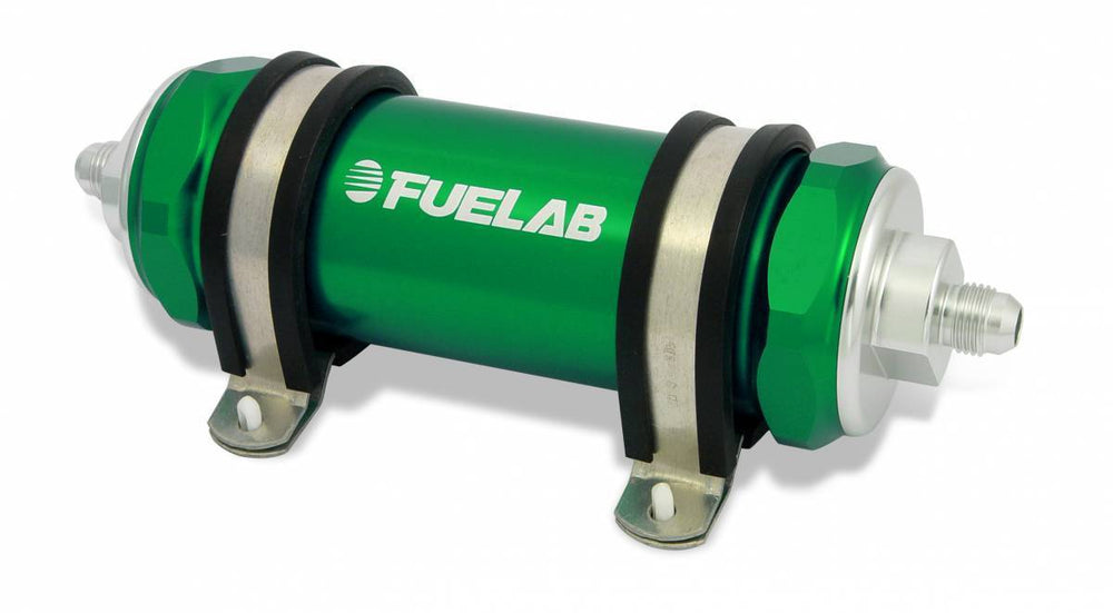 In-Line Fuel Filter Long Length -8AN Inlet/Outlet 10 Micron Replaceable Fabric Element Green FUELAB