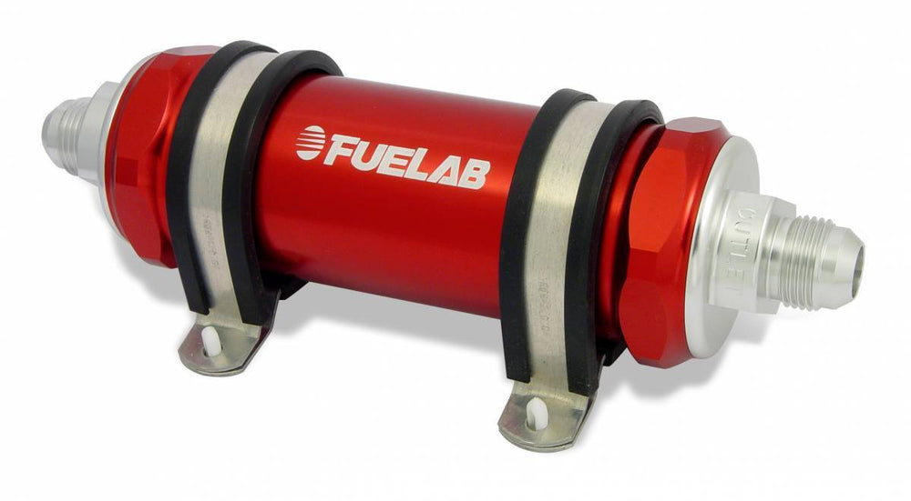 In-Line Fuel Filter Long Length -10AN Inlet/Outlet 40 Micron Stainless Steel Element Red FUELAB