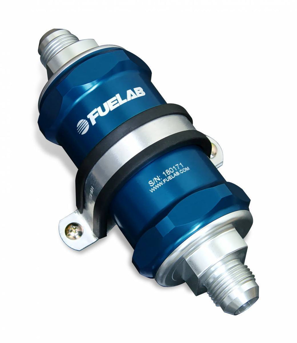 In-Line Fuel Filter Standard Length -6AN Inlet/Outlet 100 micron Stainless Steel Element W/Check Valve Blue FUELAB